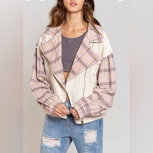 POL Plaid Contrast Moto Jacket in Cream Denim w Flannel Lapel & Sleeve - OS M